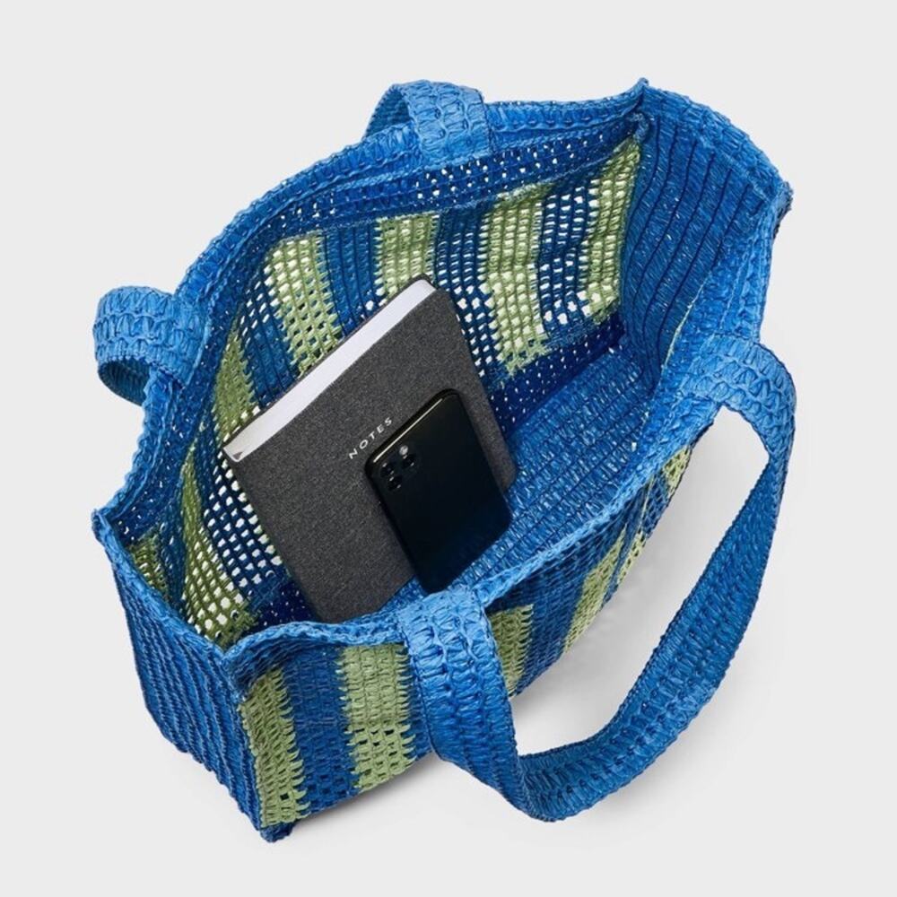 Universal Thread  Blue Green Striped Straw Crochet Tote Handbag - Picture 4 of 9